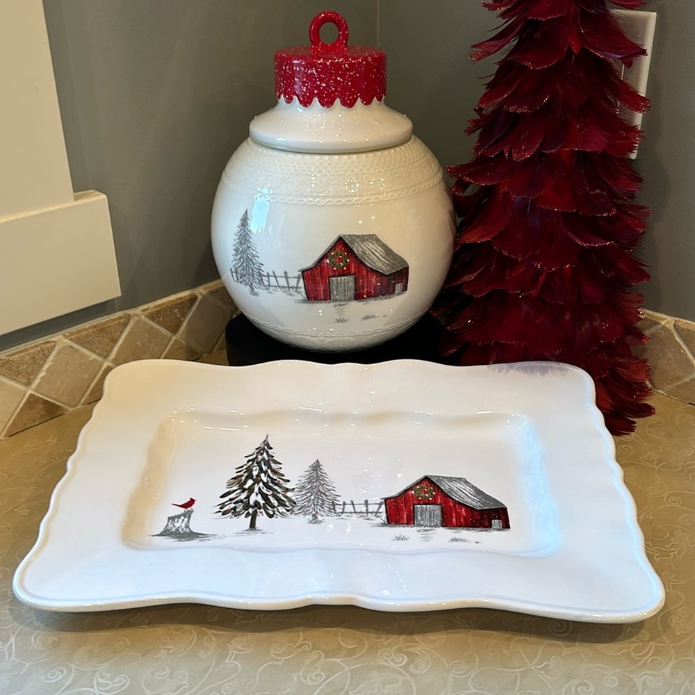 Country Winter Scene Canister & Matching Serving Plate